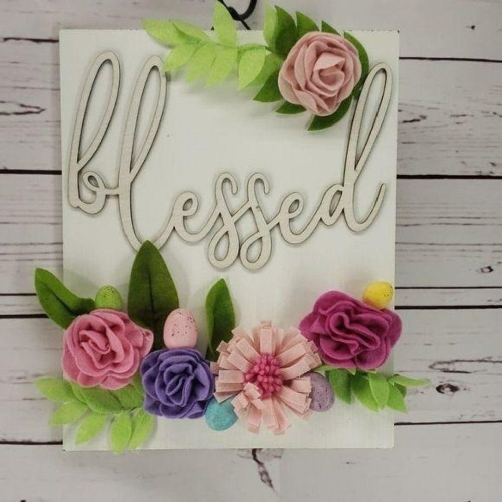 Blessed Floral Wood Burnout Wall Decor Easter Eggs Primitive Sign 13x10